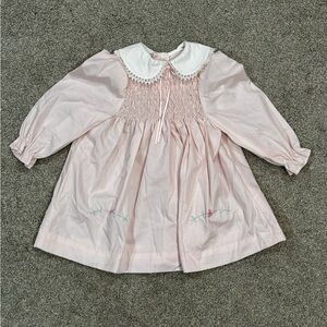 Vintage Polly Flinders Smocked Dress Pink Floral Lace Collared Size 24 Months